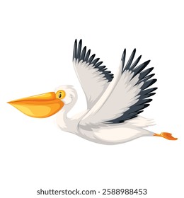 White pelican flying isolated on white background. Cartoon vector illustration