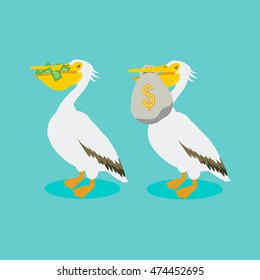 White pelican holding in its beak cash, money bag. Talisman of wealth. The bird brings and protects money.