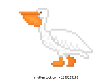 White pelican, pixel art icon isolated on white background. 8 bit water bird symbol. Old school vintage retro slot machine/video game graphics.