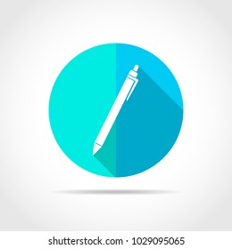 White pen in flat design with long shadow. Vector illustration. Simple pen icon on blue round button.