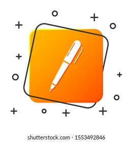 White Pen icon isolated on white background. Orange square button. Vector Illustration