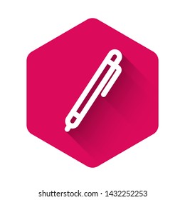 White Pen line icon isolated with long shadow. Pink hexagon button. Vector Illustration