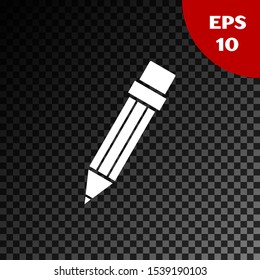 White Pencil with eraser icon isolated on transparent dark background. Drawing and educational tools. School office symbol.  Vector Illustration