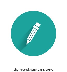 White Pencil with eraser icon isolated with long shadow. Drawing and educational tools. School office symbol. Green circle button. Vector Illustration