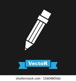 White Pencil with eraser icon isolated on black background. Drawing and educational tools. School office symbol.  Vector Illustration