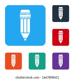 White Pencil with eraser icon isolated on white background. Drawing and educational tools. School office symbol. Set icons in color square buttons. Vector Illustration
