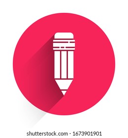 White Pencil with eraser icon isolated with long shadow. Drawing and educational tools. School office symbol. Red circle button. Vector Illustration