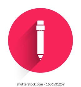 White Pencil with eraser icon isolated with long shadow. Drawing and educational tools. School office symbol. Red circle button. Vector Illustration