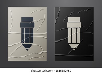 White Pencil with eraser icon isolated on crumpled paper background. Drawing and educational tools. School office symbol. Paper art style. Vector