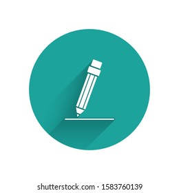 White Pencil with eraser and line icon isolated with long shadow. Education sign. Drawing and educational tools. Green circle button. Vector Illustration