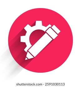 White Pencil and gear icon isolated with long shadow. Creative development. Blogging or copywriting concept. Red circle button. Vector Illustration