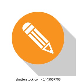 White Pencil icon isolated on white background. Education sign. Drawing and educational tools. School office symbol. Orange circle button. Vector Illustration