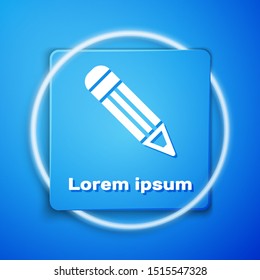 White Pencil icon isolated on blue background. Education sign. Drawing and educational tools. School office symbol. Blue square button. Vector Illustration