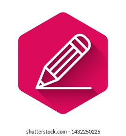 White Pencil and line icon isolated with long shadow. Education sign. Drawing and educational tools. School office symbol. Pink hexagon button. Vector Illustration