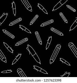 white pencil and pen pattern on black background