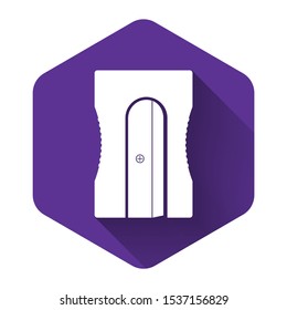 White Pencil sharpener icon isolated with long shadow. Purple hexagon button. Vector Illustration