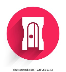 White Pencil sharpener icon isolated with long shadow. Red circle button. Vector Illustration
