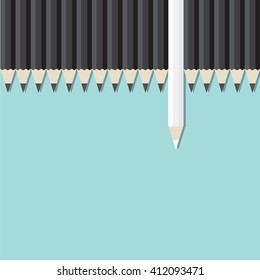 White pencil standing out from black pencil in top view. think different, leadership, freedom, unique, independence initiative strategy dissent success business financial marketing advertising concept