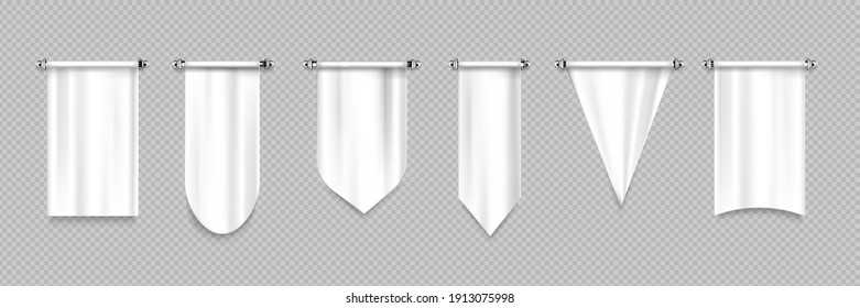 White pennant flags different shapes, canvas pendants for sport teams, varsity or heraldic symbols. Vector realistic template of blank hanging textile pennons isolated on transparent background