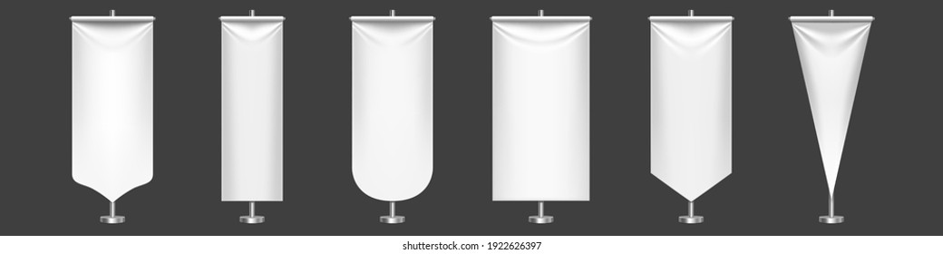 White pennant flags different shapes on metal stand. Vector realistic template of blank textile pennons on steel pole for sport teams, varsity or heraldic symbols isolated on transparent background