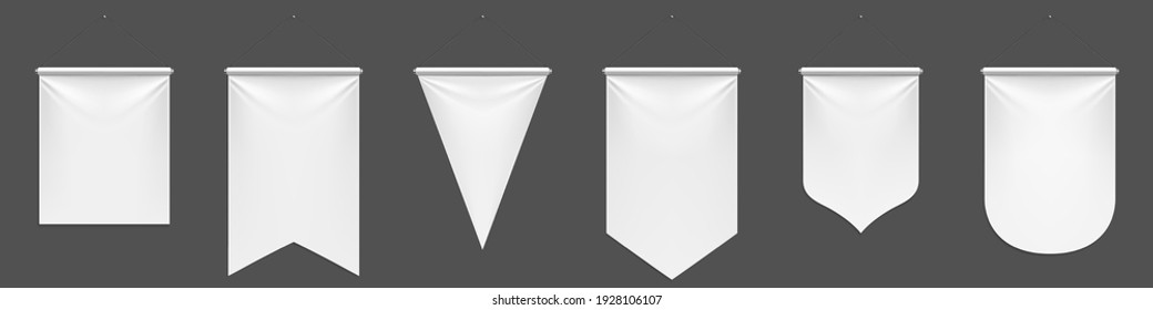 White pennant flags mockup, blank vertical banners on flagpole with rounded, straight, pointed and double edges. Isolated medieval heraldic empty ensign templates. Realistic 3d vector illustration set
