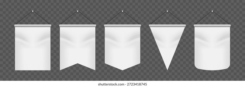 Conjunto de maquetas de banderines banderines blancos, Anuncios colgantes de Vertical en blanco con bordes redondeados, rectos, puntiagudos y dobles, Plantillas de alférez heráldica medieval para materiales de marketing, marcas y promociones.