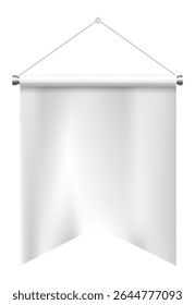 Flâmula branca pendurada em uma parede, mostrando um modelo em branco para a sua mensagem, com hastes de metal e corda, isolado no fundo branco, pronto para personalização