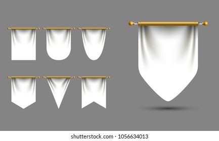 White pennant templates vector set with empty space for branding. Square and triangle diversity shapes. Hanging realistic fabric pieces, award, achievement symbols, logo signs.