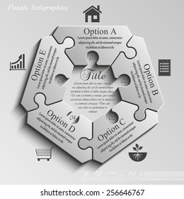 White pentagon Five piece flat puzzle round infographic presentation. 5 step circle business diagram. Five section compare service banner. Vector illustration template shape . 3d Abstract Background