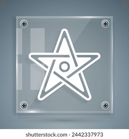White Pentagram icon isolated on grey background. Magic occult star symbol. Square glass panels. Vector