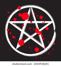 White pentagram magic occult star symbol. Hand brush drawing with red drops splatter. Halloween horror vector illustration isolated over black.