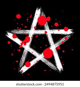 Pentagrama blanco mágico símbolo de estrella oculta. Dibujo de pincel de mano con gotas rojas salpicadas. Ilustración vectorial de terror de Halloween aislado sobre negro.