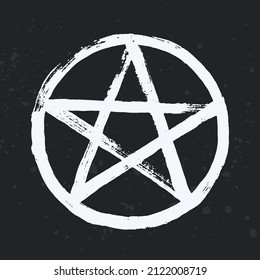 White pentagram symbol isolated on black background. A star in a circle - a symbol of occultism, esoteric, magic and mysticism. Pentacle sign with paint brush texture effect. Vector illustration.