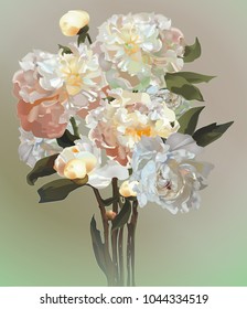 White peonies beautiful vector illustration on dark background