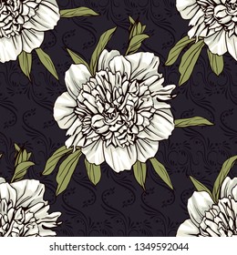White peonies flowers seamless pattern on dark background.
