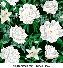 White peonies, lilies and rose flowers seamless pattern.