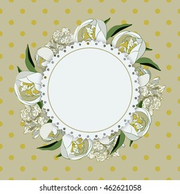 ?ard with white peonies on the background in a polka dot.Can be used as greeting card, invitation card for wedding, birthday and other holiday.
