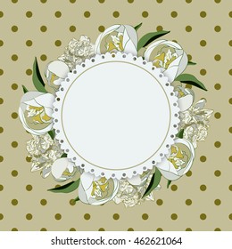 ?ard with white peonies on the background in a polka dot.Can be used as greeting card, invitation card for wedding, birthday and other holiday.
