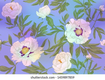 White peony flowers. Seamless pattern, background. Colored vector illustration. In botanical style In light ultra violet pastel colors on mesh pink, blue background 	
