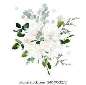 White peony, hydrangea, magnolia, calla lily and rose flowers, mint eucalyptus, fern, salal, greenery vector design wedding spring bouquet. Floral summer watercolor. Elements are isolated and editable