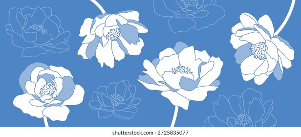 Patrón floral inconsútil del Vector del arte de la línea de la peonía blanca con el fondo azul, contorno botánico mínimo, diseño limpio. Diseño fresco del fondo del verano de la primavera para el Fondo de pantalla, tela, envoltura, Web.