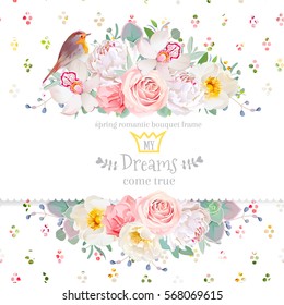 White peony, pink rose, orchid, carnation flowers, orchid, echeveria succulent, eucalyptus and robin bird vector design card. Rainbow round confetti backdrop. All elements are isolated and editable
