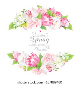 White peony, protea, pink hydrangea, orchid flowers and spring green leaves horizontal vector design frame. Stylish mix bouquets. All elements are isolated and editable.