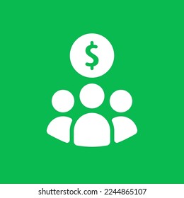 white people team icon with dollar sign like shareholders. concept of economy success or crowdfunding trust symbol. flat simple trend ico with dolar logotype graphic design element isolated on green