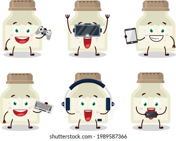 White pepper bottle cartoon character are playing games with various cute emoticons. Vector illustration
