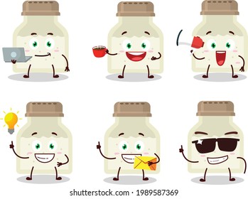 White pepper bottle cartoon character with various types of business emoticons. Vector illustration