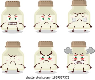 Personaje de caricatura de botellas de pimienta blanca con diversas expresiones furiosas. Ilustración del vector