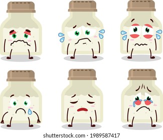White pepper bottle cartoon character with sad expression. Vector illustration
