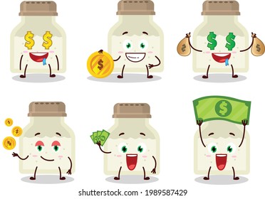 Weiße Pfefferflasche Cartoon Charakter mit süßem Emoticon bringen Geld. Vektorgrafik