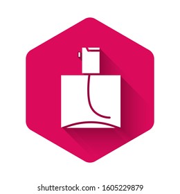 White Perfume icon isolated with long shadow. Pink hexagon button. Vector Illustration